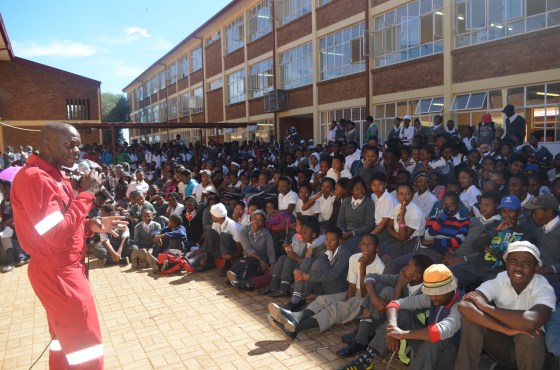 PIC.1.Collen Mofokeng from Matlosana  Disaster management centre giving students a lecture about sinkhole and earthquake awareness